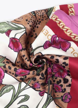 Foulard tigres et fleurs 55×55 Crudo-Rosa