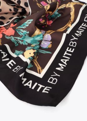 Foulard M imprimé floral 90×90 Negro-Naranja
