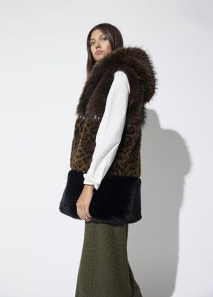 Gilet midi fausse fourrure tri Marron-Multicol