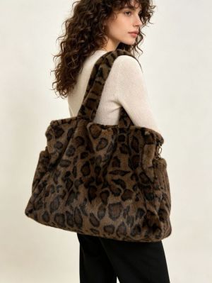 grand cabas en fausse fourrure leopard marron